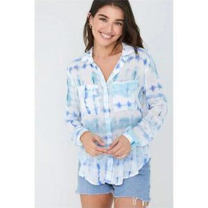 Bella Dahl Hipster Shirt Small Women Blue Aqua Shibori Button Up Lightweight New